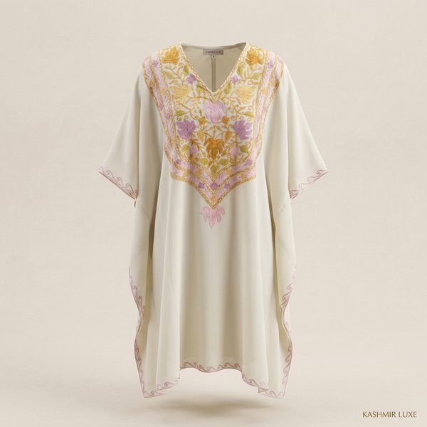 Ivory Pastel Kashmiri Long Kaftan for Women | Aari-Style Machine Embroidered Summer Kaftan | Kashmiri Ethnic Wear