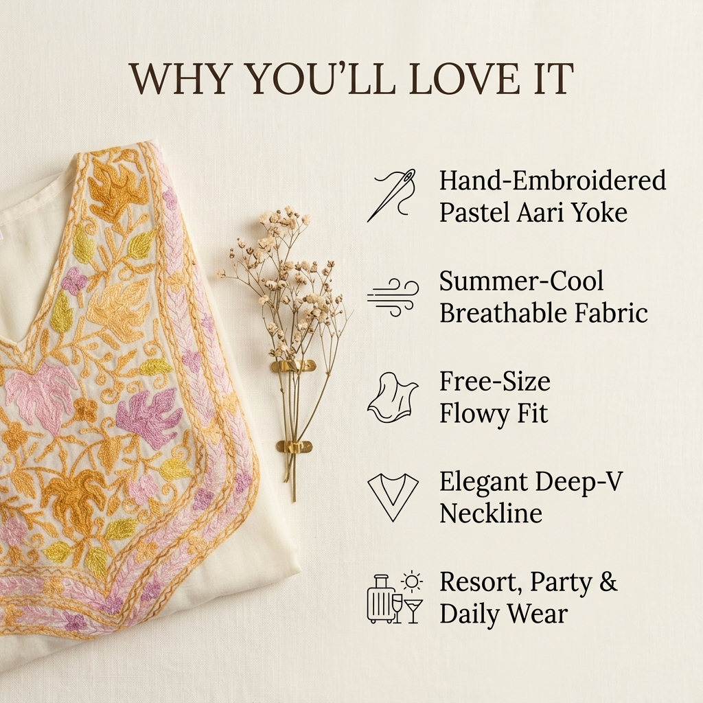 Premium Ivory Pastel Aari Embroidered Long Kaftan