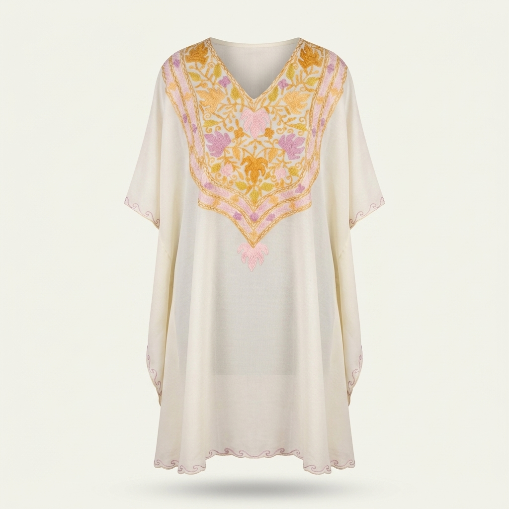 Ivory Pastel Long Kaftan with Kashmiri Aari Embroidery