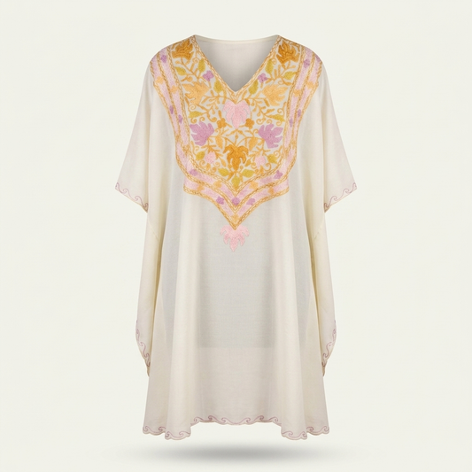 Ivory Pastel Long Kaftan with Kashmiri Aari Embroidery