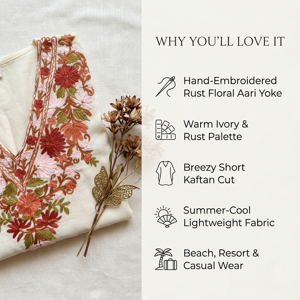 Premium Ivory Rust Floral Aari Embroidered Kaftan