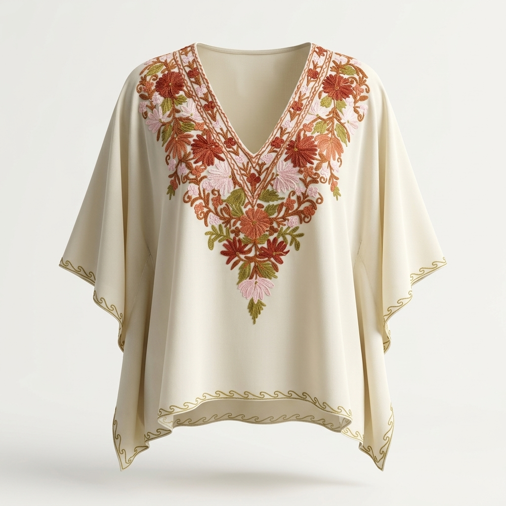 Ivory Rust Floral Summer Cool Kaftan with Kashmiri Aari Embroidery