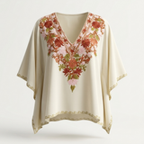 Ivory Rust Floral Summer Cool Kaftan with Kashmiri Aari Embroidery