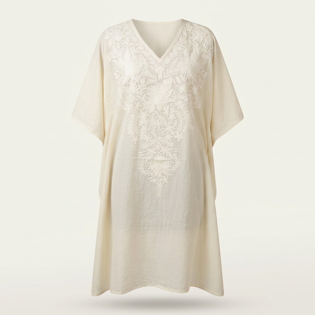 Ivory Tonal Kashmiri Aari Embroidered Summer Cool Long Kaftan for Women