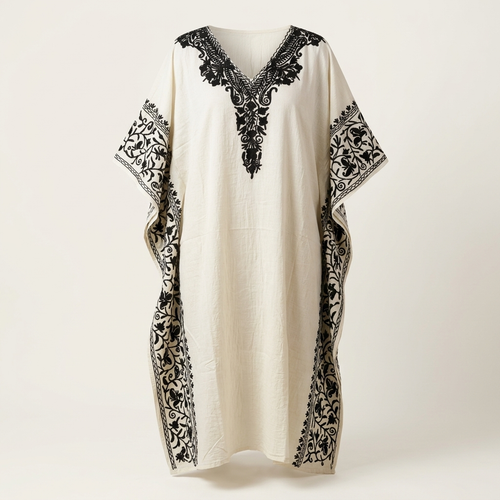 Ivory White Kashmiri Aari Long Kaftan | Hand-Embroidered Crushed Cotton Kaftan for Women