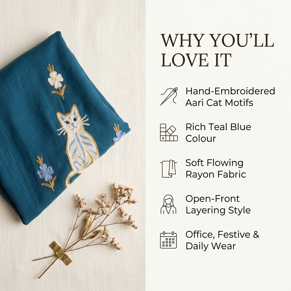 Designer Teal Blue Rayon Shrug with Kashmiri Embroidery