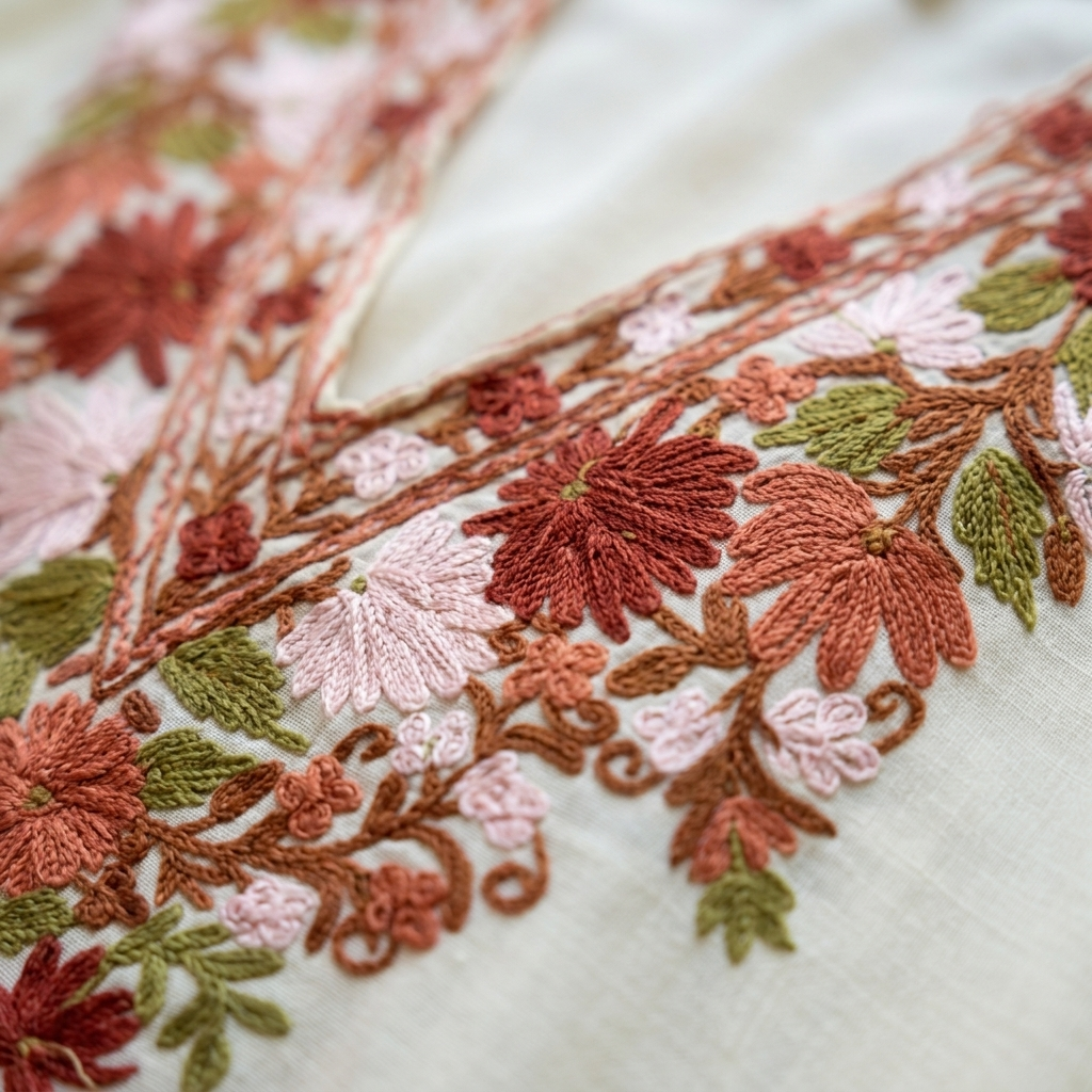 Women's Ivory Rust Floral Kashmiri Aari Short Kaftan