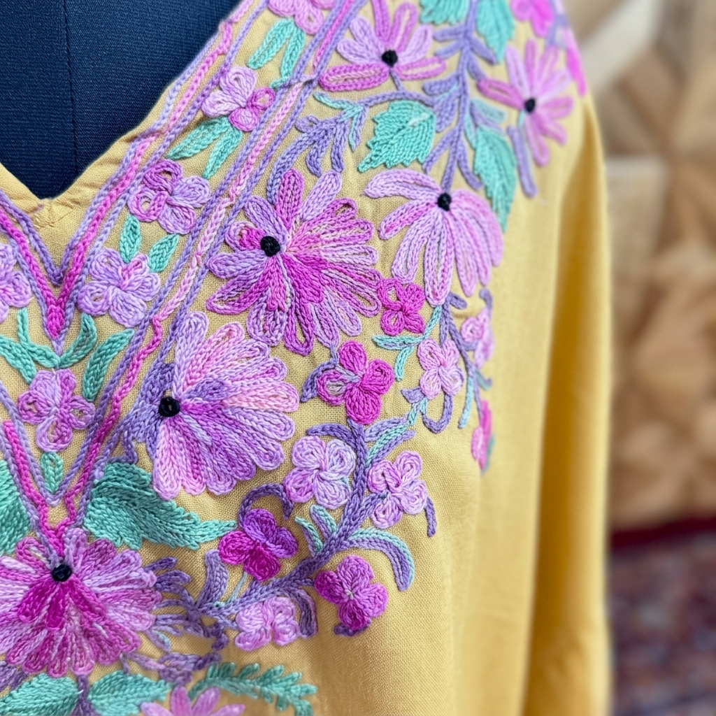 Women's Mustard Gold Kashmiri Aari Short Kaftan