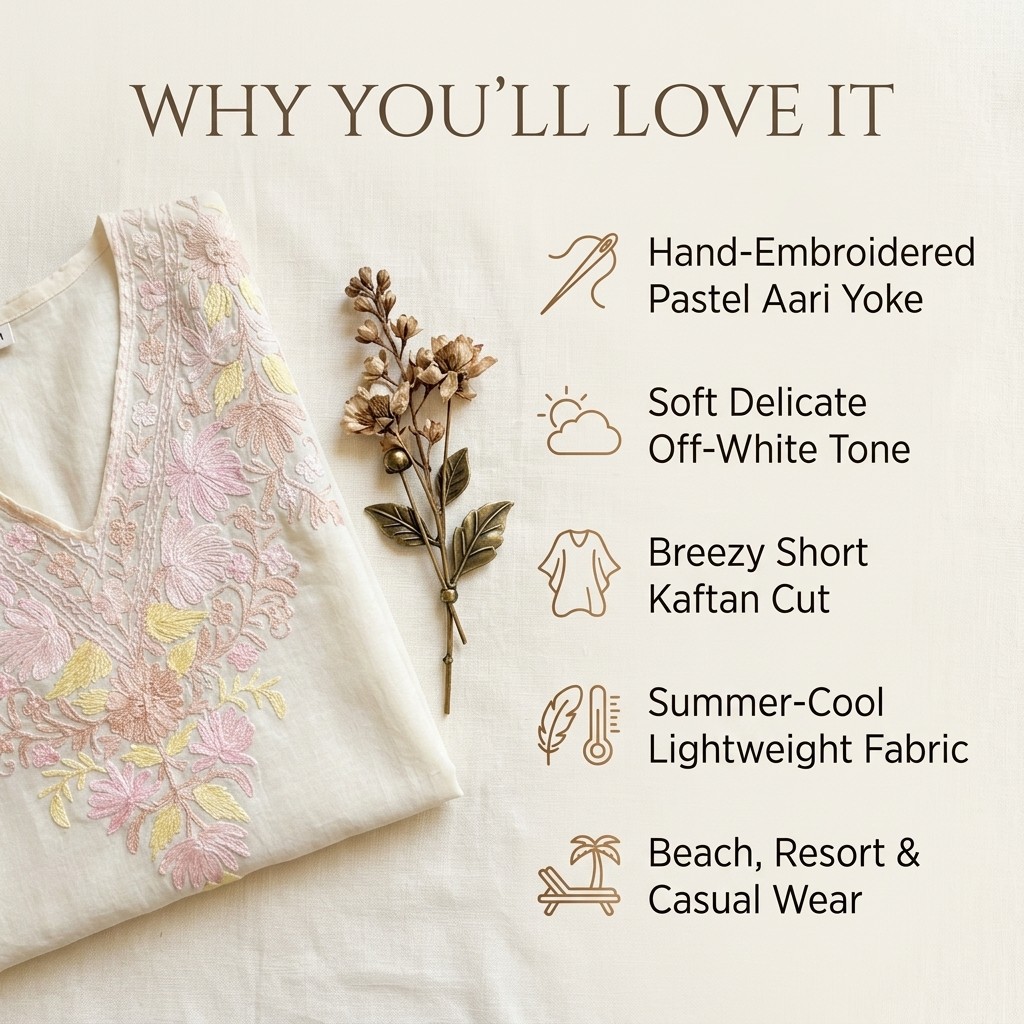 Premium Off White Pastel Floral Aari Embroidered Kaftan