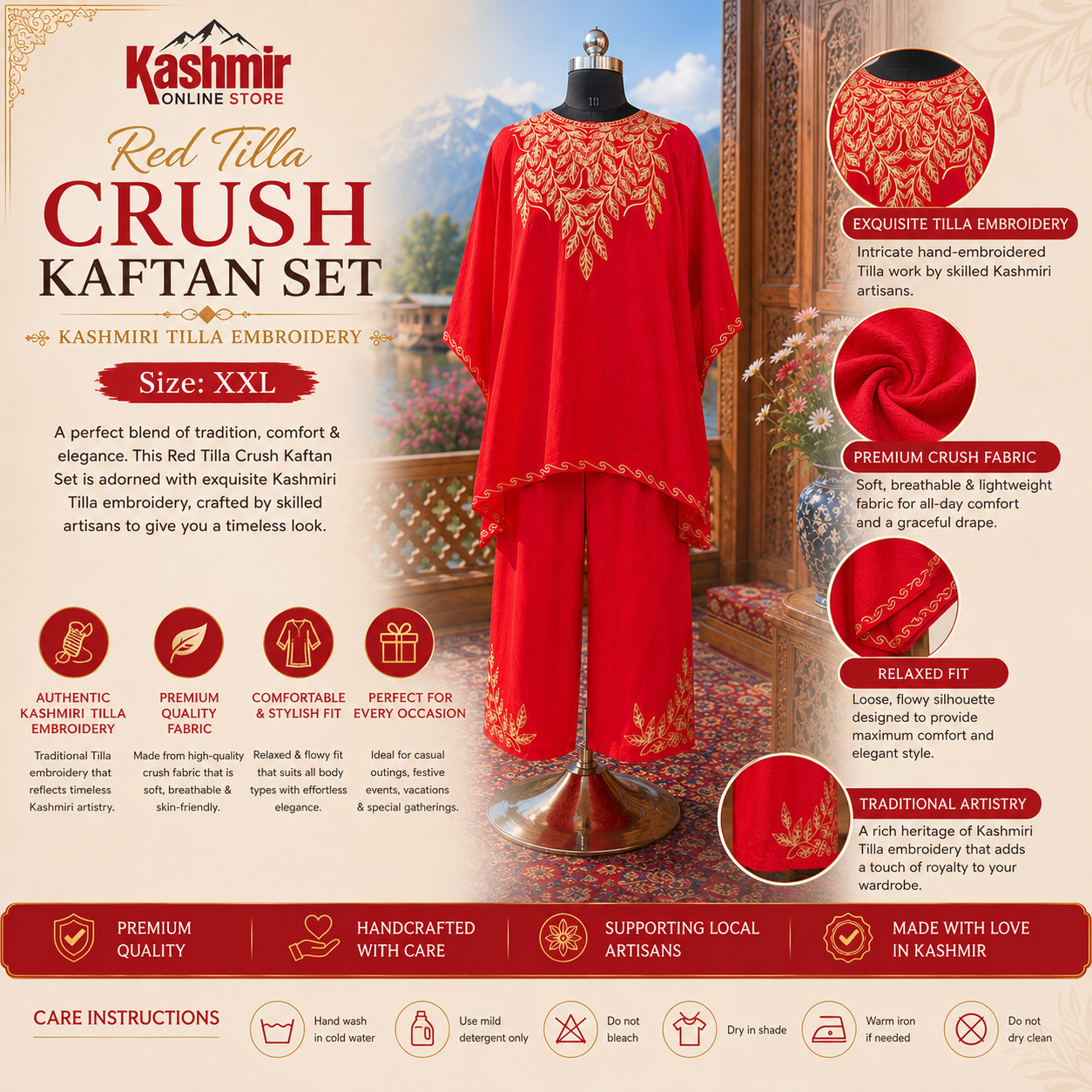 Premium Red Tilla Kaftan Set with Kashmiri Embroidery