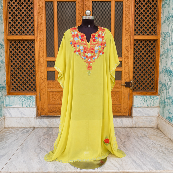 Lemon Lime Kashmiri Chiffon Long Kaftan for Women | Aari-Style Machine Embroidered Chiffon Kaftan | Kashmiri Ethnic Wear