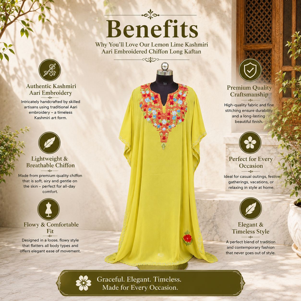 Premium Lemon Lime Aari Embroidered Long Kaftan