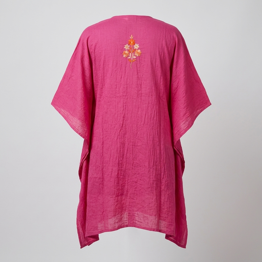 Machine Embroidered Fuchsia Pink Long Kaftan Set — Aari-style design