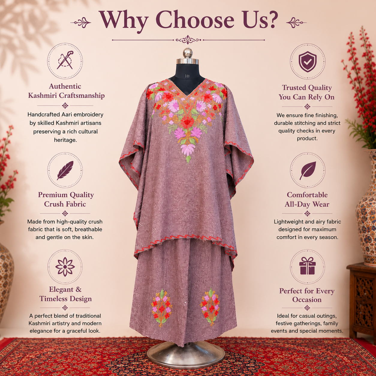 Mauve Kaftan with Kashmiri Aari Work