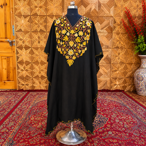 Midnight Black Kashmiri Long Kaftan for Women | Aari-Style Machine Embroidered Crush Kaftan | Kashmiri Ethnic Wear