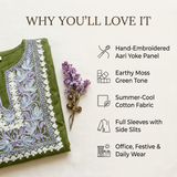 Elegant Moss Green Designer Kurti with Kashmiri Embroidery