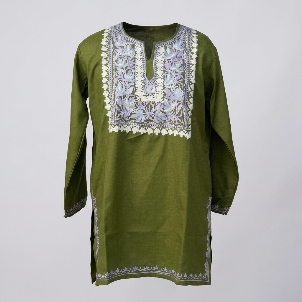 Moss Green Kashmiri Short Kurti for Women with Machine Embroidery