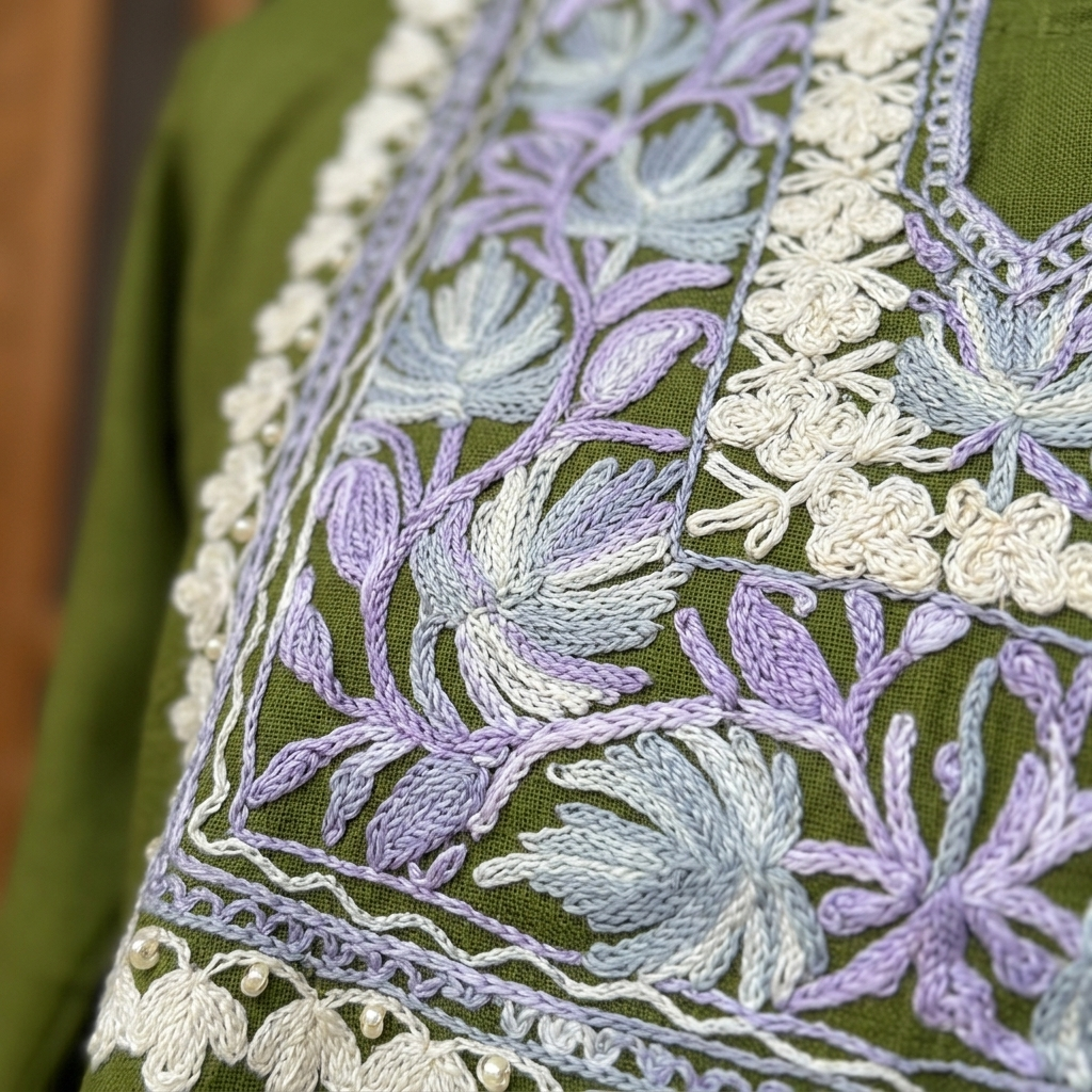 Premium Moss Green Kashmiri Embroidered Short Kurti