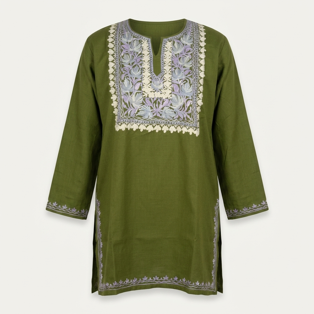 Moss Green Machine Embroidered Designer Kurti for Women