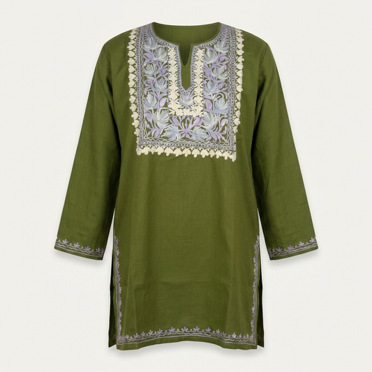 Moss Green Machine Embroidered Designer Kurti for Women