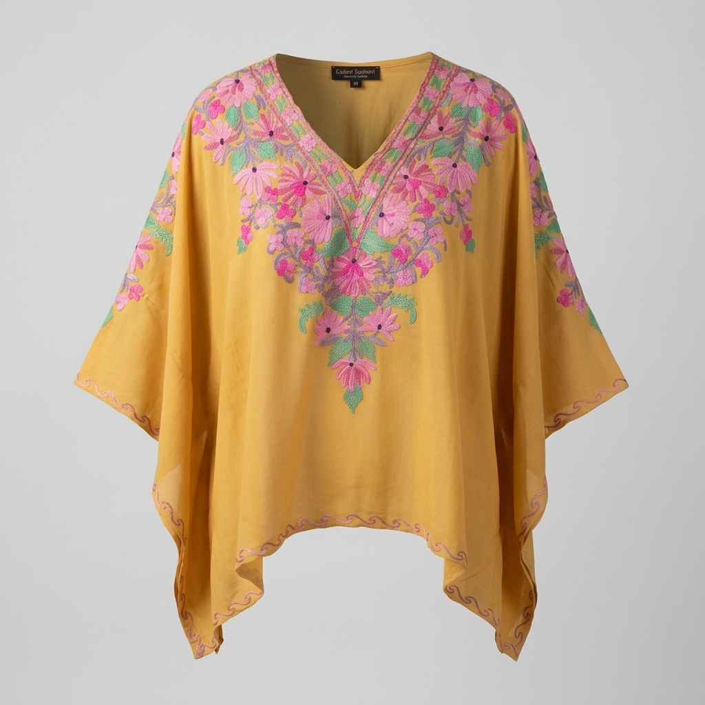 Mustard Gold Summer Cool Kaftan with Kashmiri Aari Embroidery