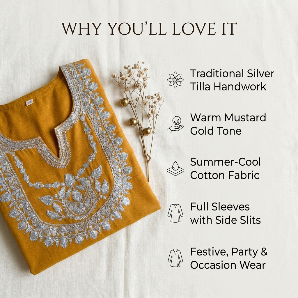 Premium Mustard Kashmiri Tilla Work Kurti