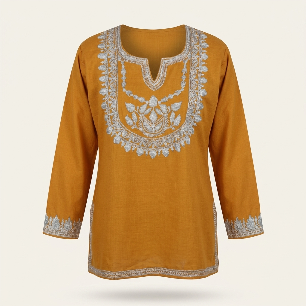 Mustard Kashmiri Tilla Work Short Kurti for Women