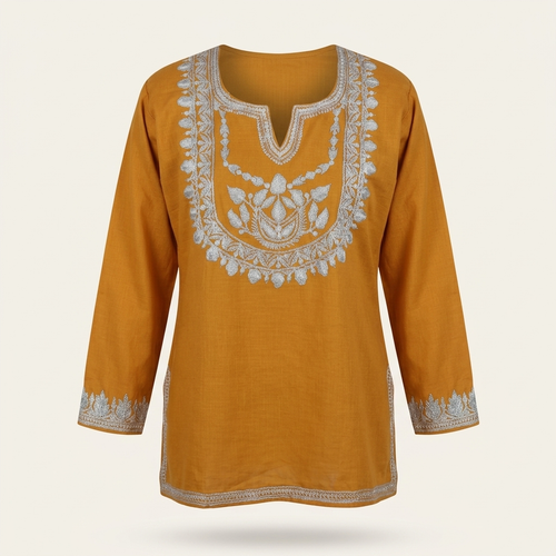 Mustard Kashmiri Tilla Work Short Kurti for Women — Machine Embroidered Kurti