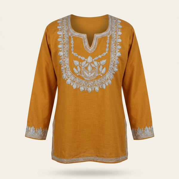 Mustard Kashmiri Tilla Work Short Kurti for Women | Machine Embroidered Kashmiri Tilla Kurti | Ethnic Wear