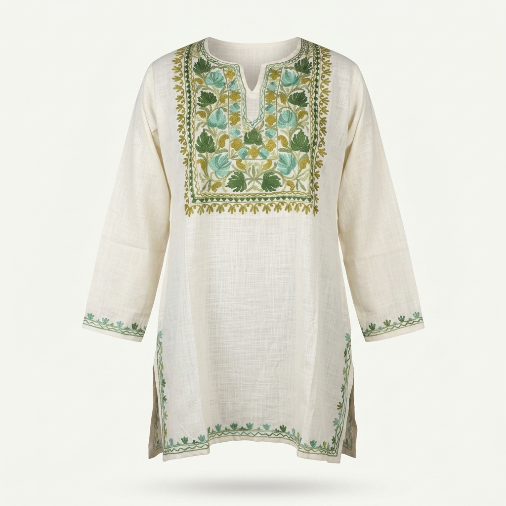 Off White Kashmiri Short Kurti for Women with Machine Embroidery