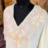 Women's Off White Pastel Floral Kashmiri Aari Short Kaftan