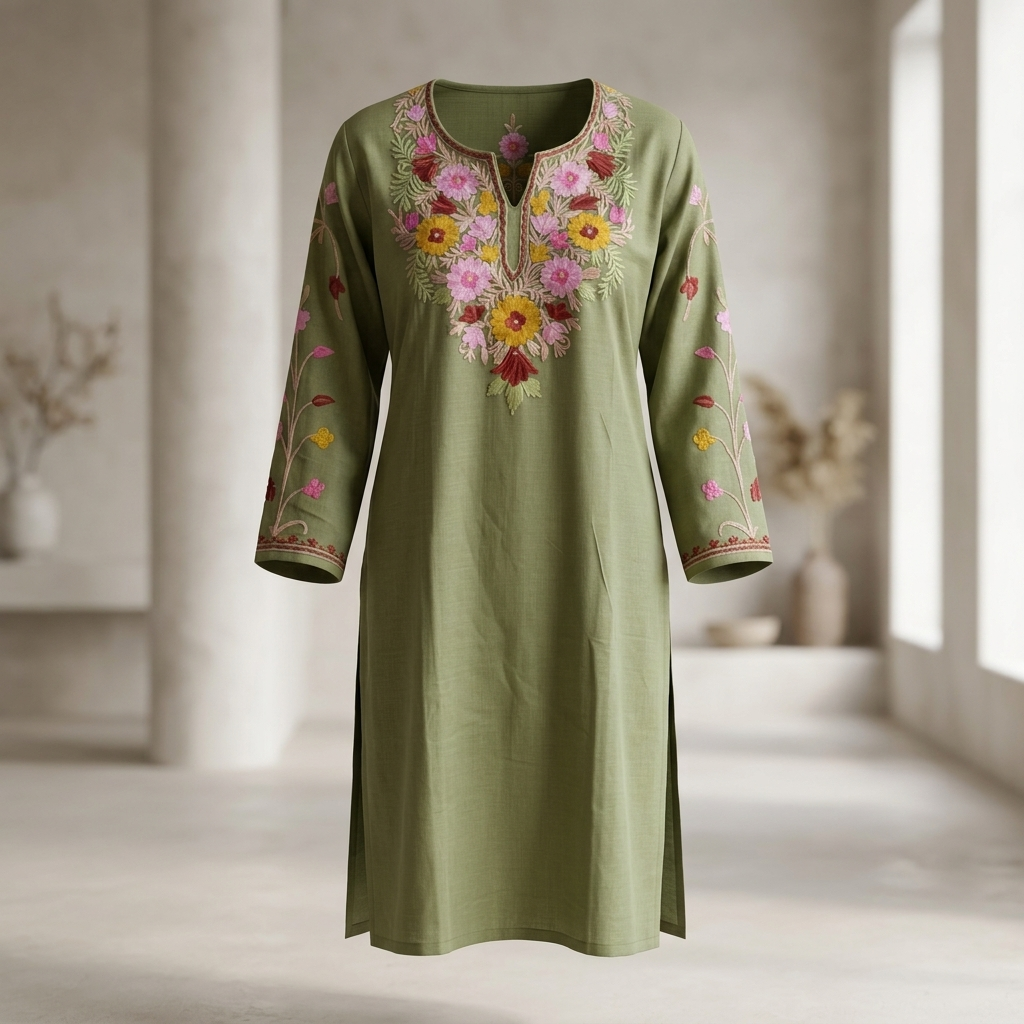Olive Green Long Kurti with Multicolor Floral Embroidery