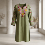 Olive Green Long Kurti with Multicolor Floral Embroidery