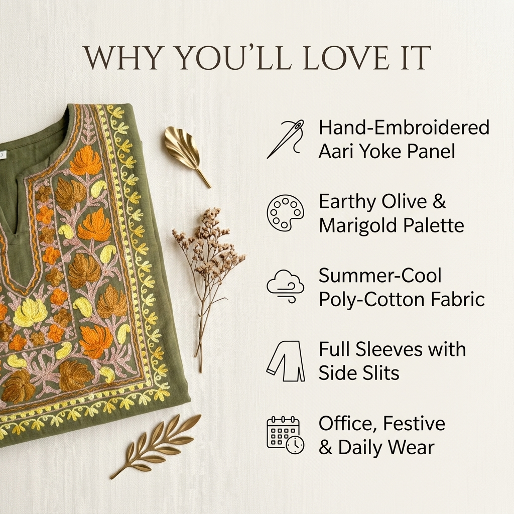 Elegant Olive Green Designer Kurti with Kashmiri Embroidery