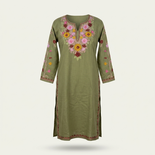 Olive Green Kashmiri Long Kurti for Women | Multicolor Floral Aari-Style Embroidery | Summer Cotton Kashmiri Ethnic Wear