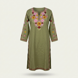 Olive Green Kashmiri Aari Long Kurti Multicolor Floral Summer Poly Cotton