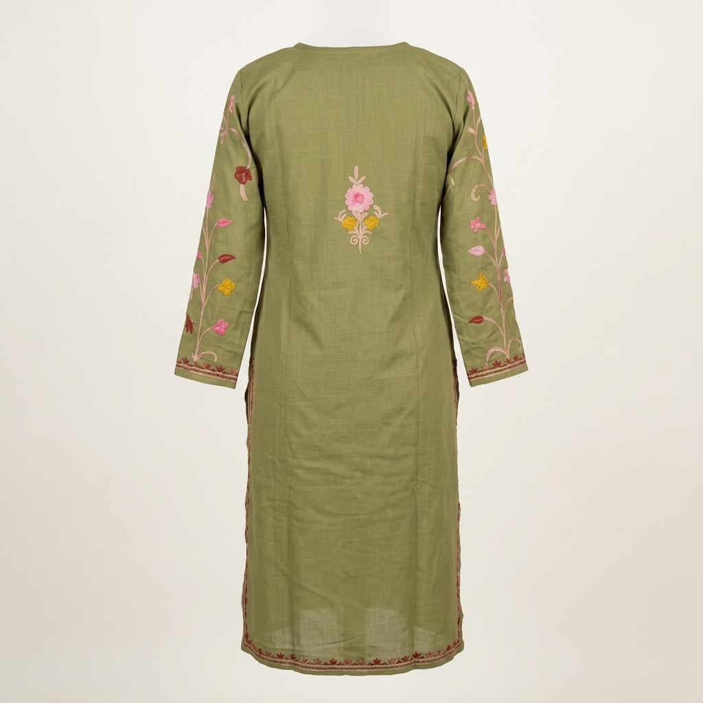 Olive Green Kashmiri Aari Embroidered Long Kurti for Women