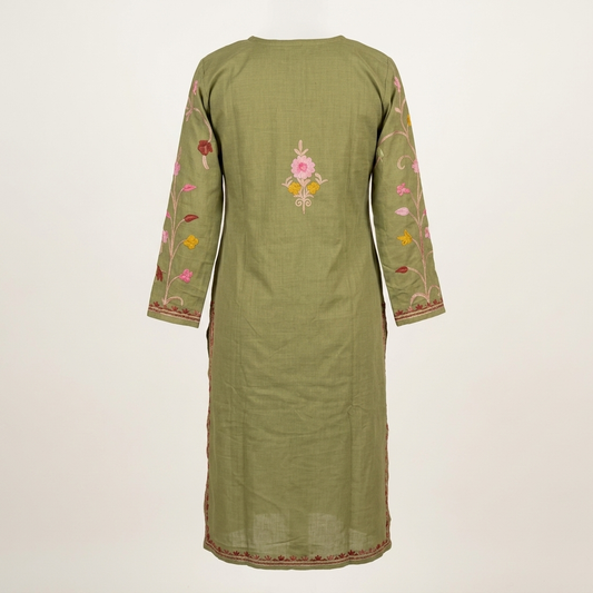 Olive Green Kashmiri Aari Embroidered Long Kurti for Women