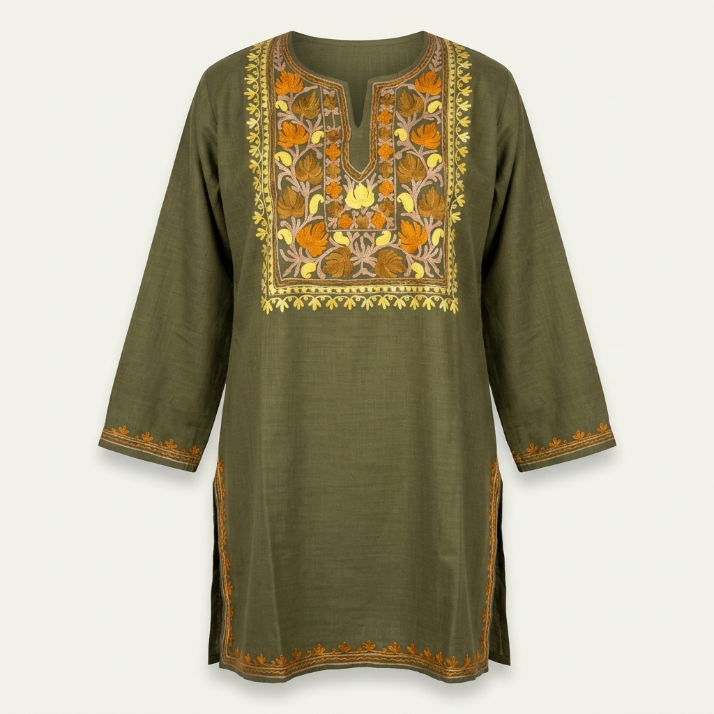 Olive Green Kashmiri Short Kurti for Women with Machine Embroidery