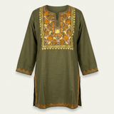 Olive Green Kashmiri Short Kurti for Women with Machine Embroidery