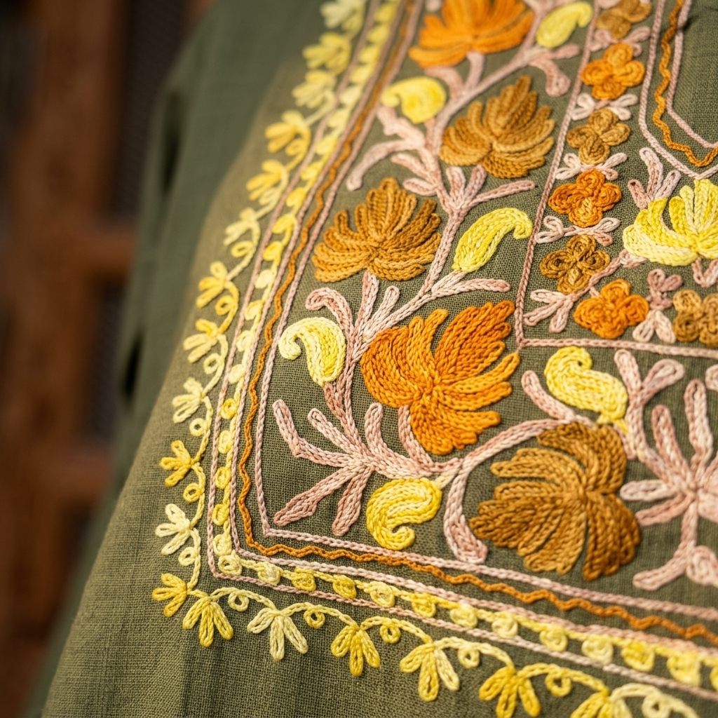 Premium Olive Green Kashmiri Embroidered Short Kurti