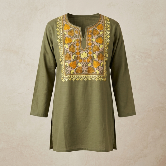 Olive Green Machine Embroidered Designer Kurti for Women