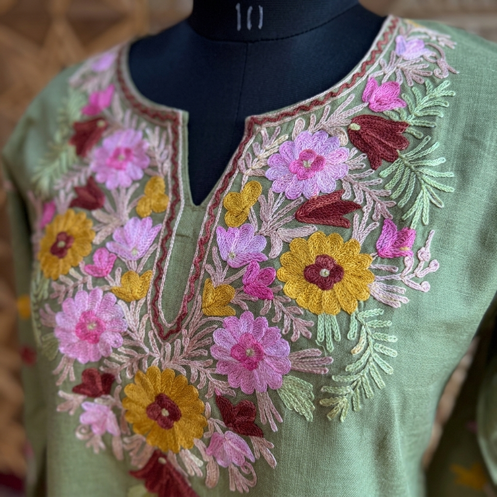 Olive Green Long Kurti with Multicolor Floral Embroidery