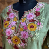Olive Green Long Kurti with Multicolor Floral Embroidery