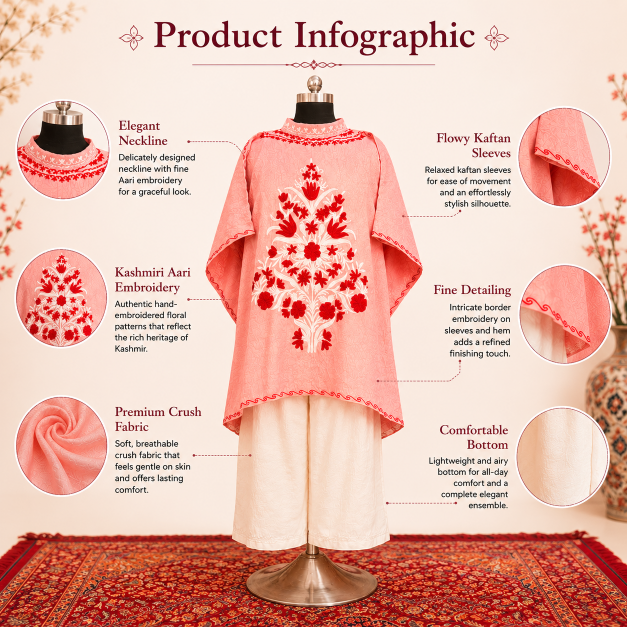Peach Kaftan with Kashmiri Aari Work
