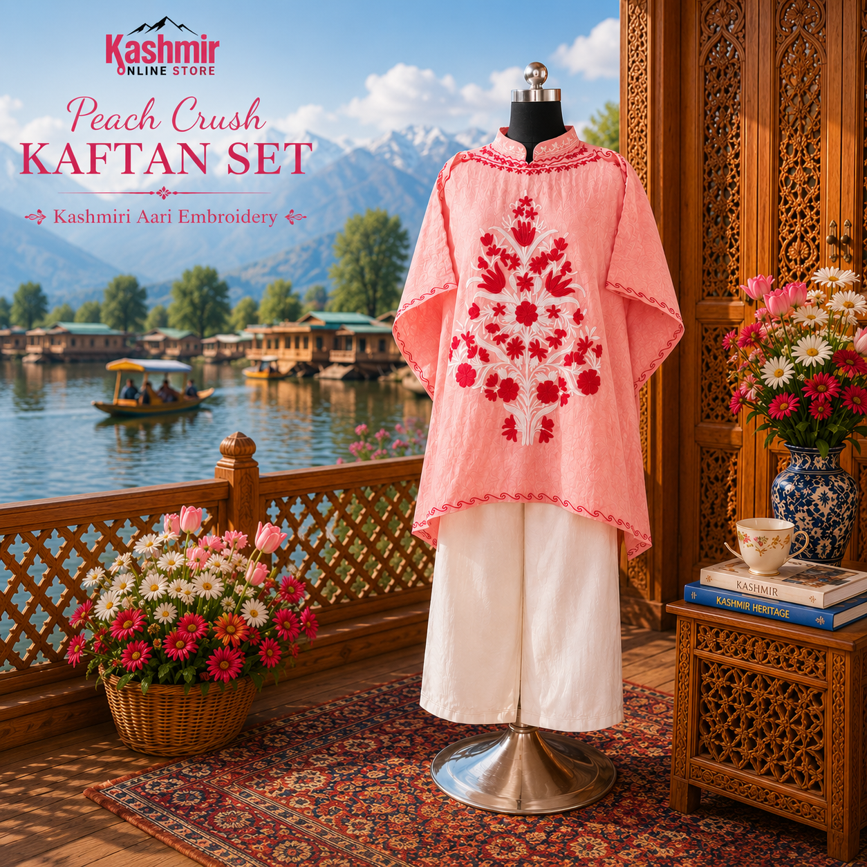 Peach Crush Machine Embroidered Short Kaftan Set