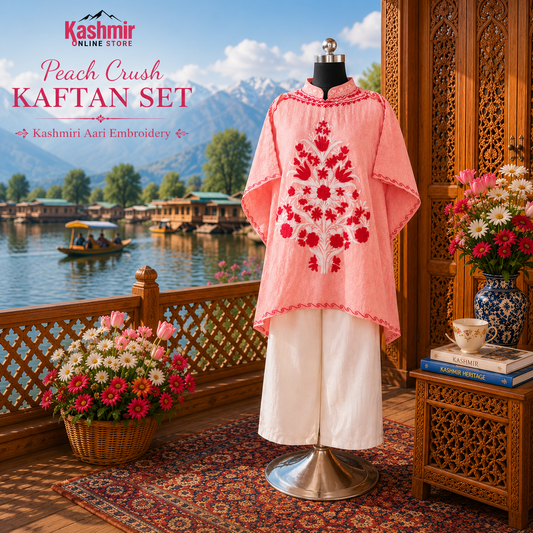 Peach Crush Machine Embroidered Short Kaftan Set