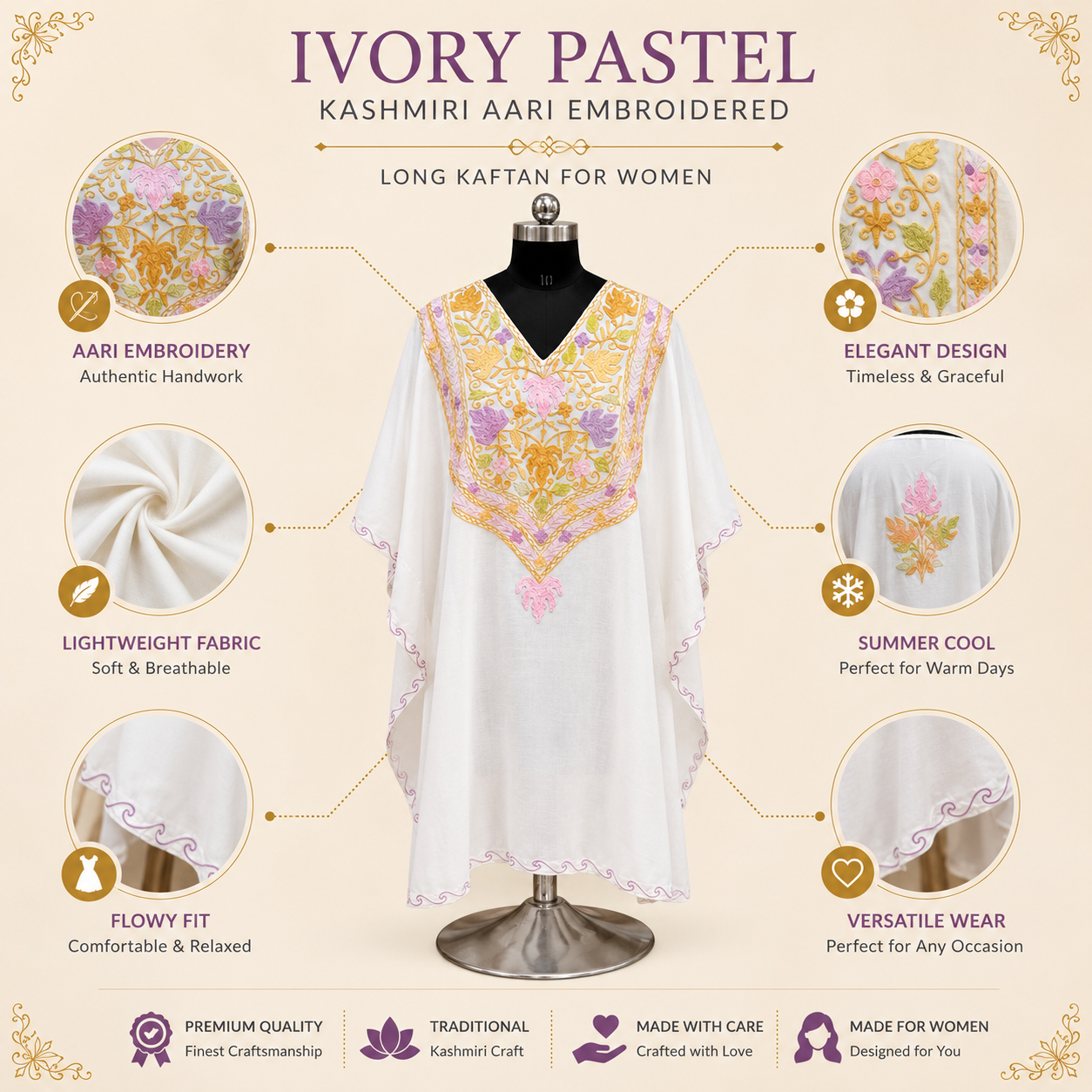 Luxury Ivory Pastel Kashmiri Embroidered Kaftan