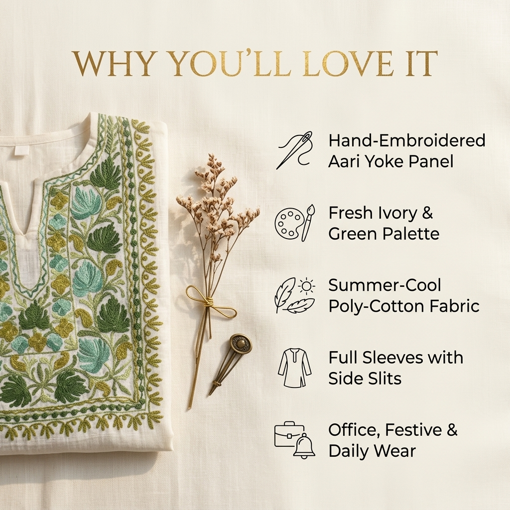 Women's Off White Machine Embroidered Kurti