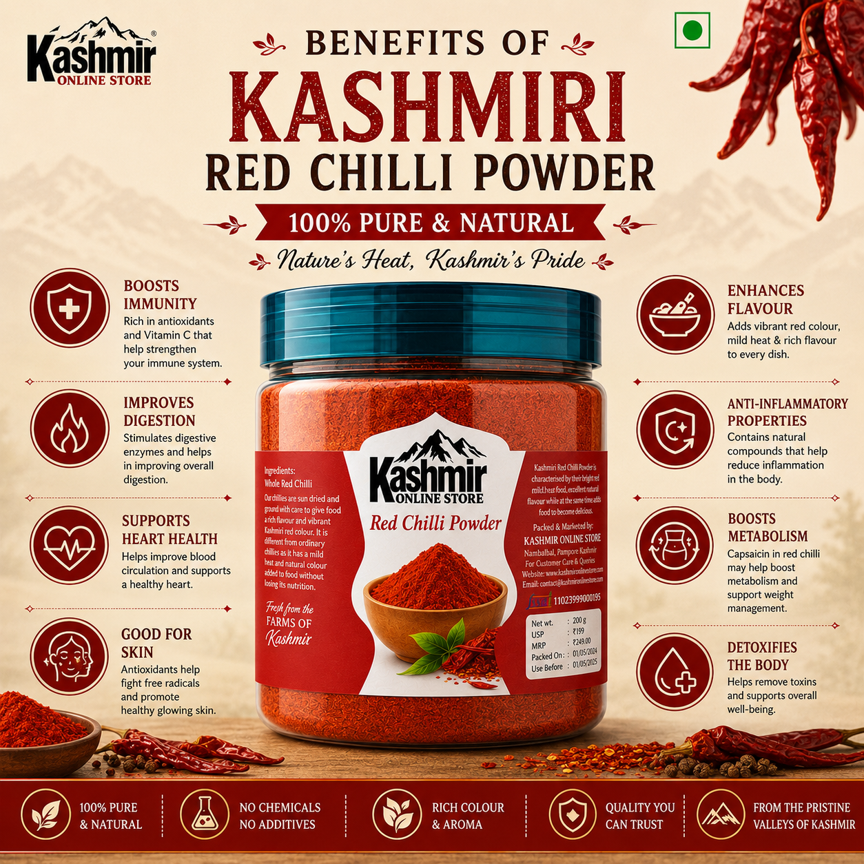 Premium Kashmiri Red Chilli Powder